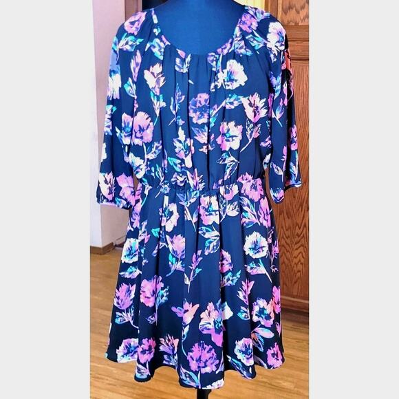 Forever 21 Dress L Fit Flare Black Pink Elastic Waist 3/4 Sleeve Cottage Fairy - Picture 2 of 7